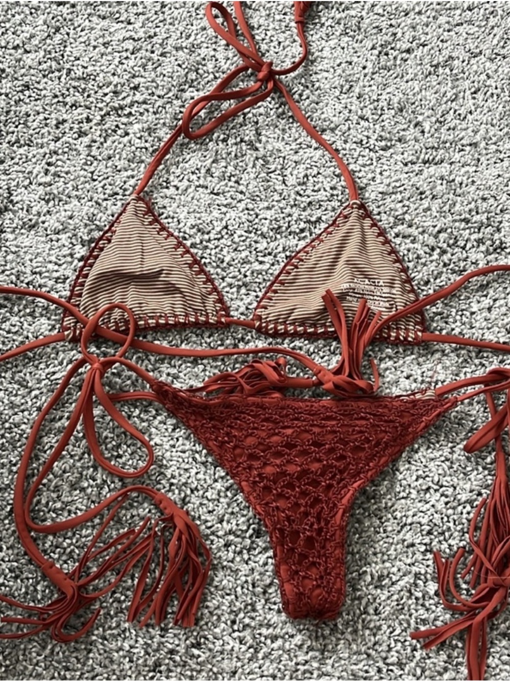 acacia swimwear Rust Red Crochet & Striped Triangle Bikini